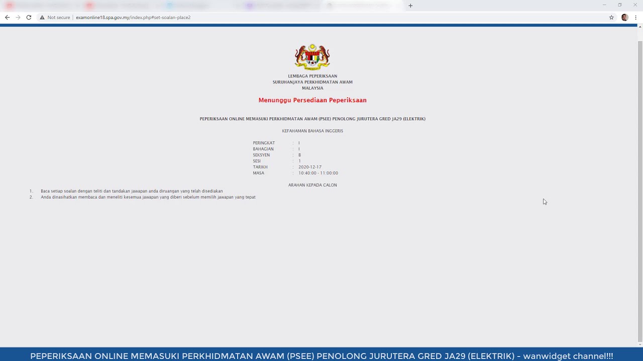 Peperiksaan Online Memasuki Perkhidmatan Awam PSEE Penolong Jurutera Gred JA29 ENGLISH