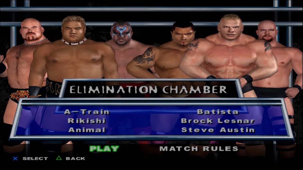 WWE SmackDown! HCTP - A-Train,Rikishi,Animal,Batista,BrockLesnar,SteveAustin (ELIMINATION CHAMBER)