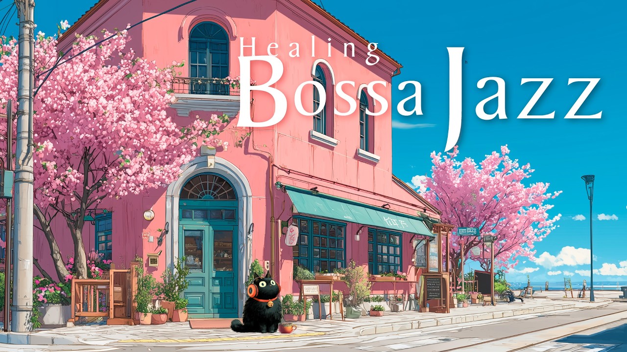 Relaxing Bossa Nova & Jazz BGM with a Black Cat at a Cherry Blossom Cafe Terrace