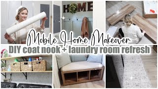 ✨MOBILE HOME MAKEOVER // diy mudroom coat nook // laundry room organization + refresh