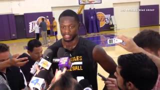 Julius Randle of University of Kentucky is interviewed by the media after a pre-draft workout at the