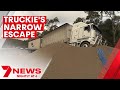 Truck driver's shocking near miss, crashing into gravel on SE Freeway | 7NEWS
