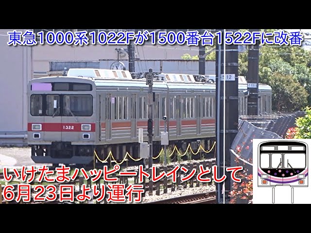 東急1000系1022Fが1500番台1522Fに改番・いけたまハッピートレイン