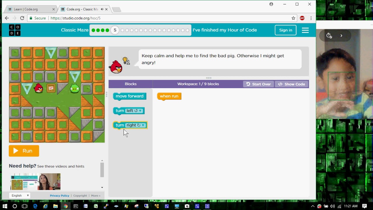 Aaron playing Angry Birds Level 14 Hour of Code
