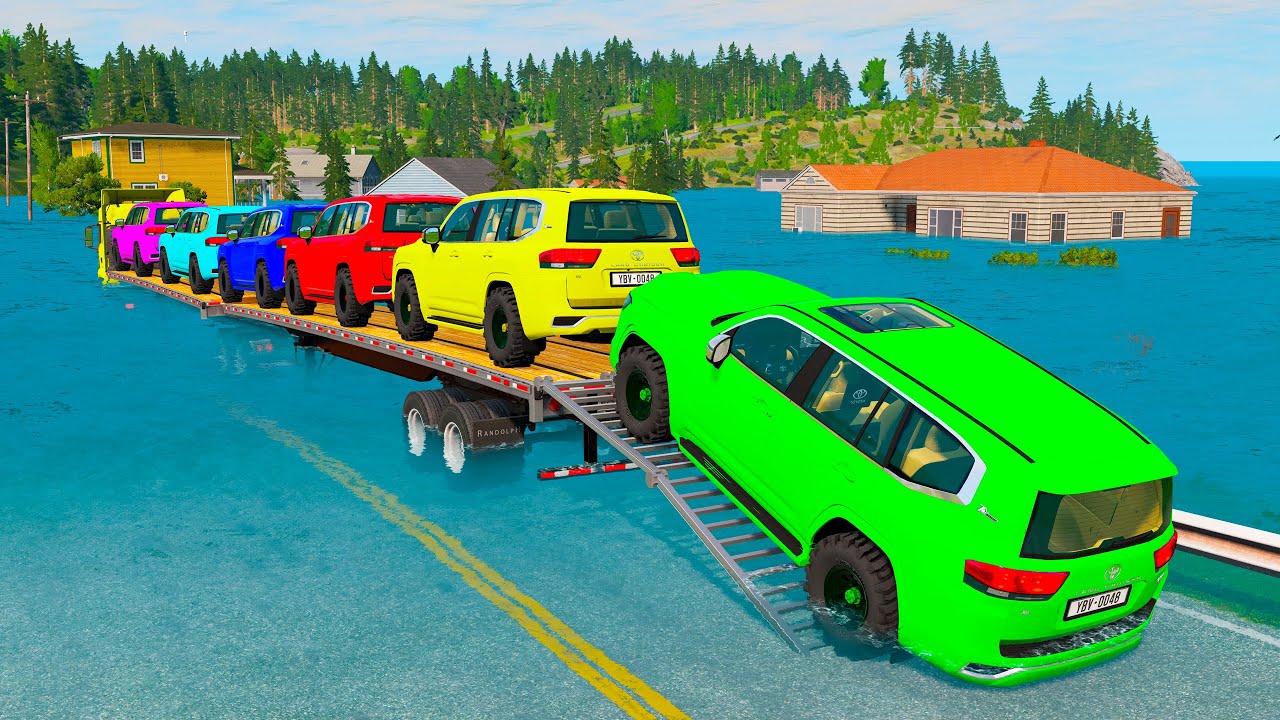 Triple Flatbed Trailer McQueen Transportation with Truck - Speedbumps vs Cars vs Train - BeamNG #253