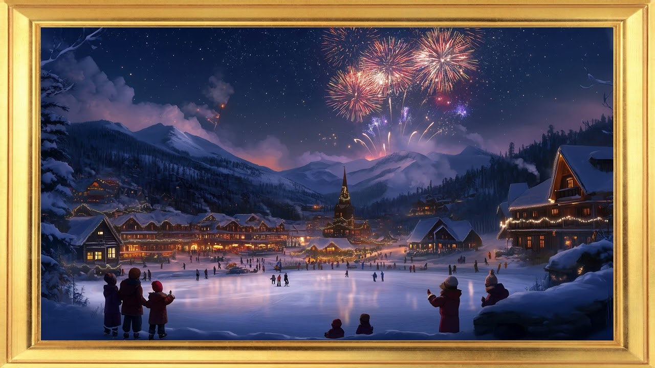 Winter Sports Fireworks Frame TV Art | Holiday Celebration 4K Wall Art Screensaver Festive Wallpaper