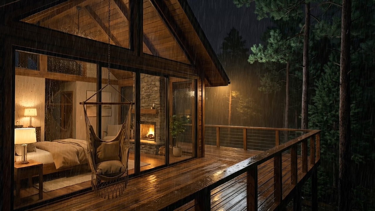 Peaceful Rainy Night Cabin Ambience | Forest View, Cozy Lights, Relaxing Rain Sounds