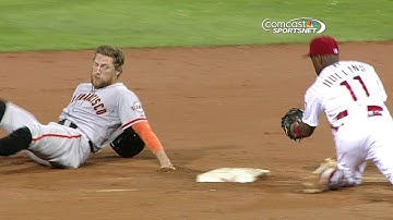 SF@PHI: Phillies tag out Pence trying for third base