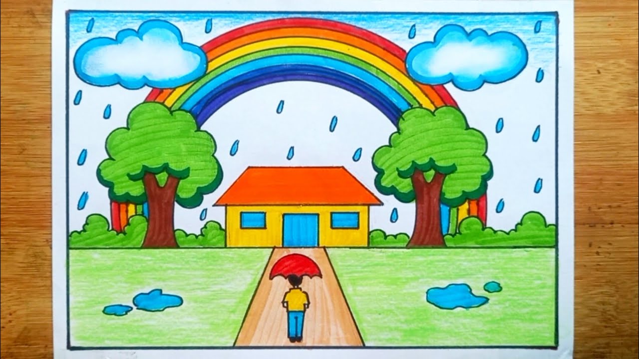 Rainy Season Drawing/How To Draw Rainy Day Very Easy Step By Step/Rainy Season Scenery Drawing Easy