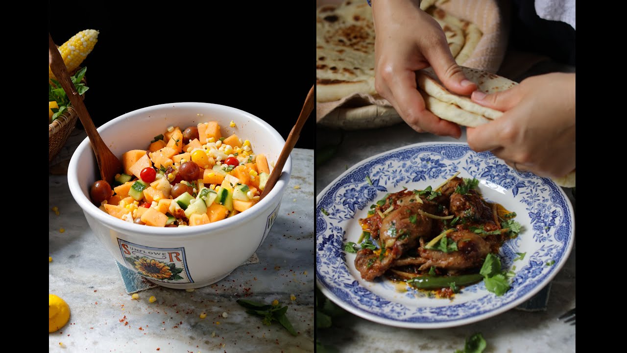 Chicken kadahi Served with Quick Protein Naan and a Vibrant Summer Salad 