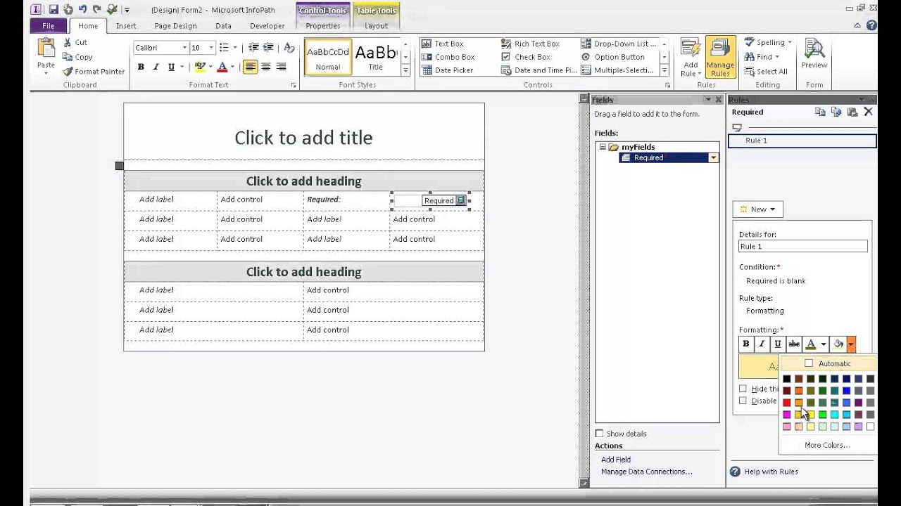 add colour to a required field infopath youtube infopath conditional formatting