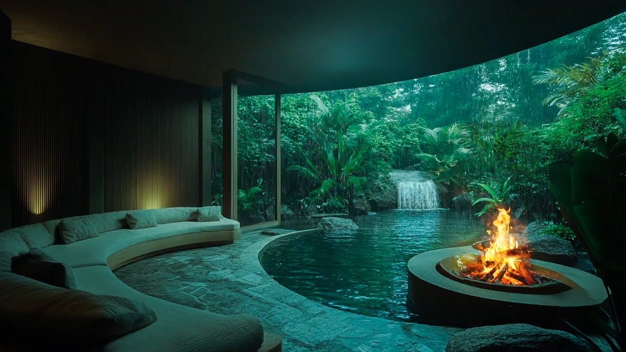 Immerse Yourself in the sound of Rain by the Small Waterfall | Cozy Atmosphere by the Campfire