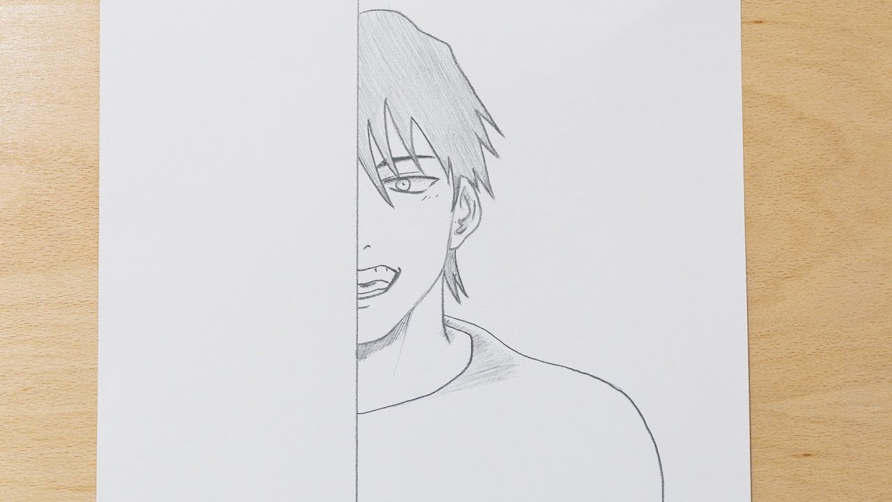 desenho de anime fácil, como desenhar metade do rosto Fushiguro Touji  fácil