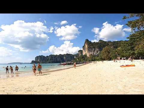 Railay Beach walk Krabi Thailand - beautiful beach resort and limestone mountains