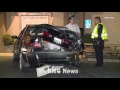 Two car crash sends one vehicle into a deli market in Woodland Hills, California