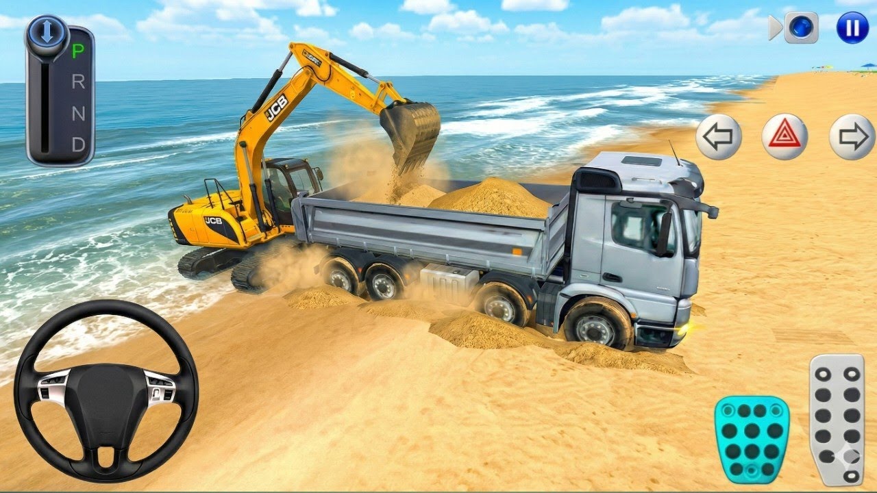 JCB Excavator Loading sand in Dump truck in Beach–3d driving class gameplay video 2025