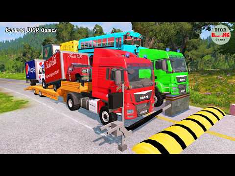 Double Flatbed Trailer Truck vs speed bumps|Busses vs speed bumps|Beamng Drive|1472