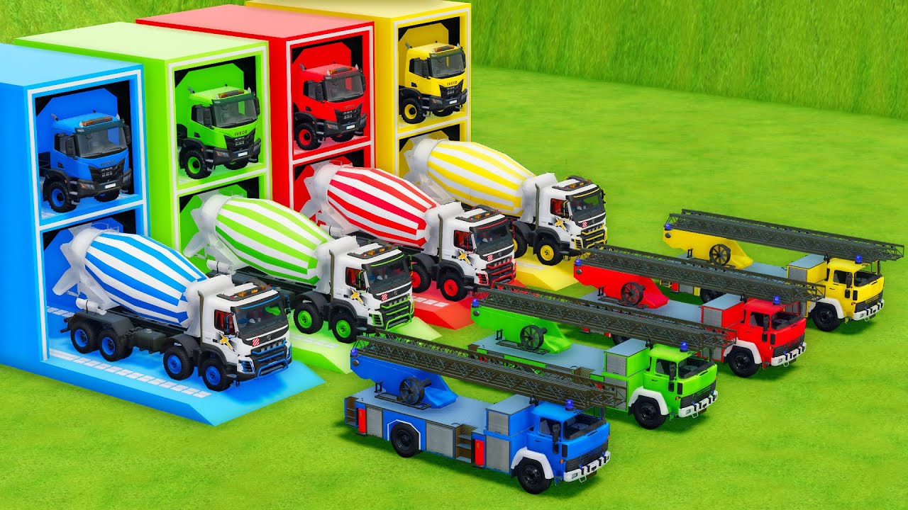 Garage with Colors - ALL MIXER TRUCK WITH DOUBLE FLATBED TRAILER TRUCK, IVECO, VOLVO, MAGIRUS - FS22