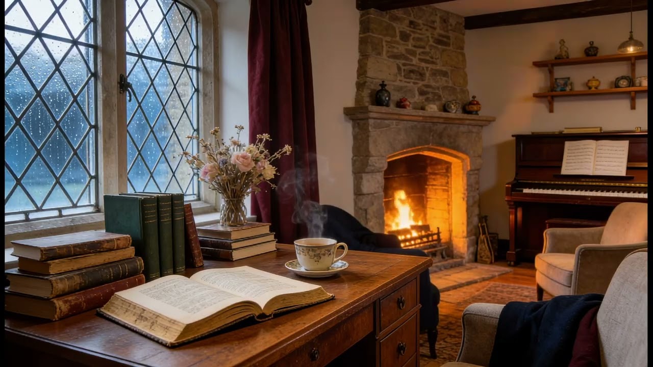 Cozy English Cottage Study | Rain, Fireplace & Soft Piano for Reading and Focus