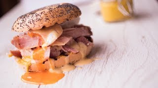 Mouth Watering Egg Bagel with Ham Hock & Truffle Hollandaise | John Quilter