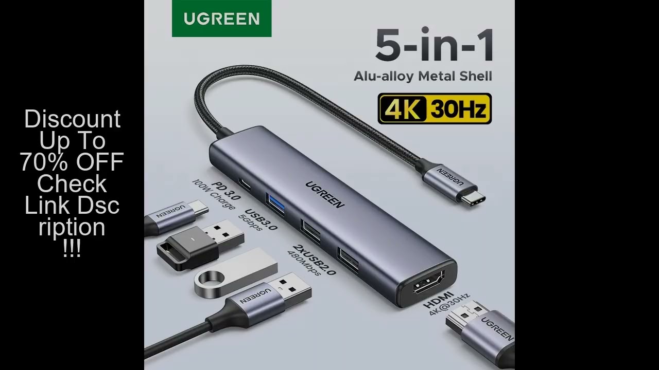 UGREEN USB HUB 5-in-1 Type-C to 4K HDMI PD100W USB3.0 HUB Multiport Adapter for Laptop MacBook iPad