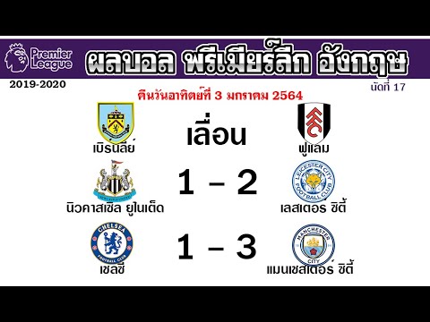 ผลบอลเมื่อคืน พรีเมียร์ลีกล่าสุด 3/1/64 วันอาทิตย์ที่ 3 มกราคม 2564 ตารางคะแนน ดาวซัลโว 2021 นัด 17