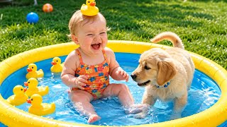😂💦 Cute Babies Playing in Water with Puppies! 🐶 | Funniest Baby Moments