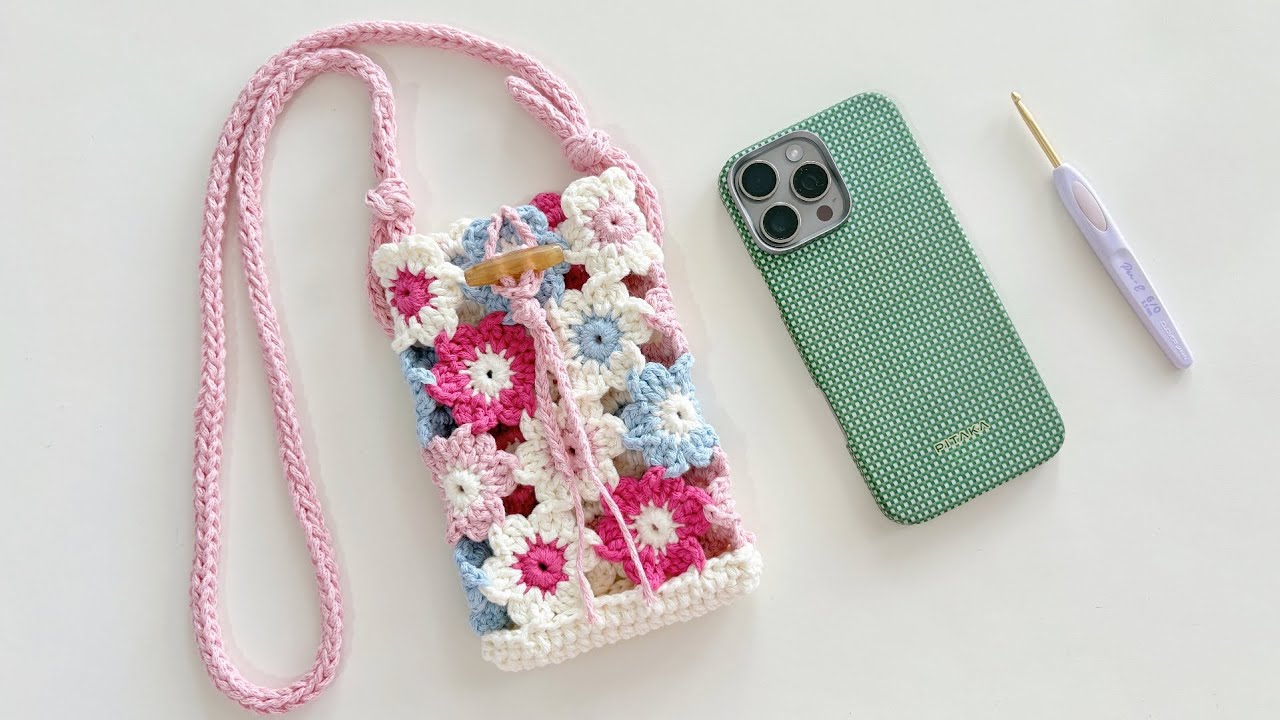 钩针手机包：清新小花朵，零线消消乐