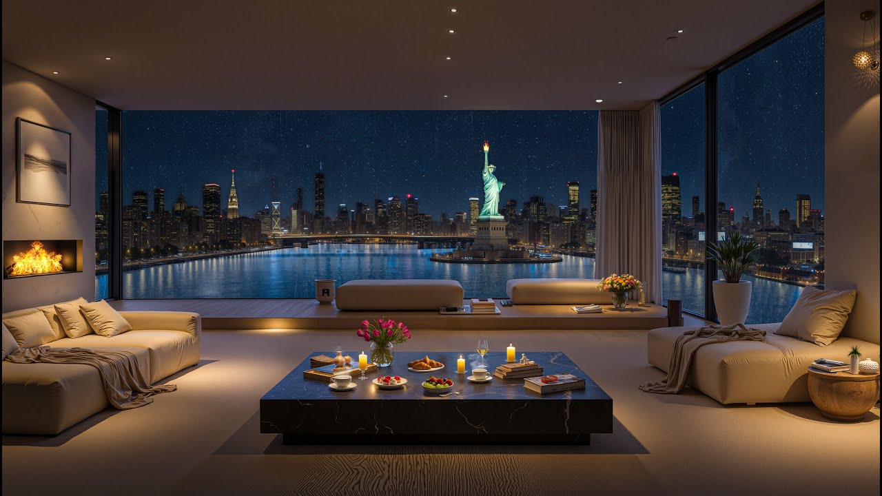 New York Night Jazz Ambience 4K | Soft Piano & Statue of Liberty Views for Relaxation & Focus