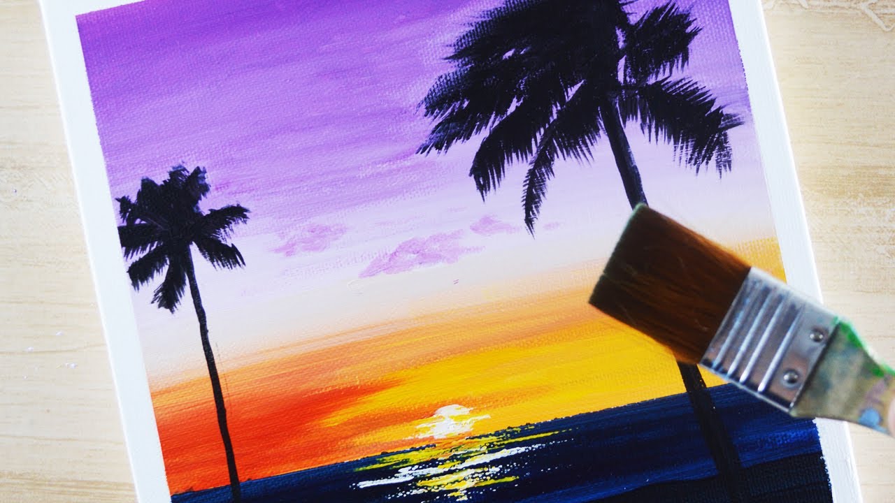 How To Draw A Summer Sunset With Acrylic Colors Acrylic Painting Tutorial For Beginners Youtube