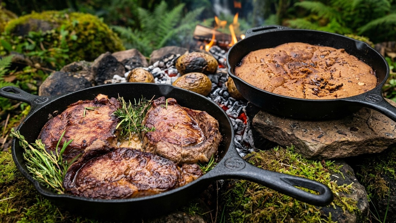 Ribeye Steaks, Skillet Cookies & Coal-Roasted Potatoes | ASMR in the Forest