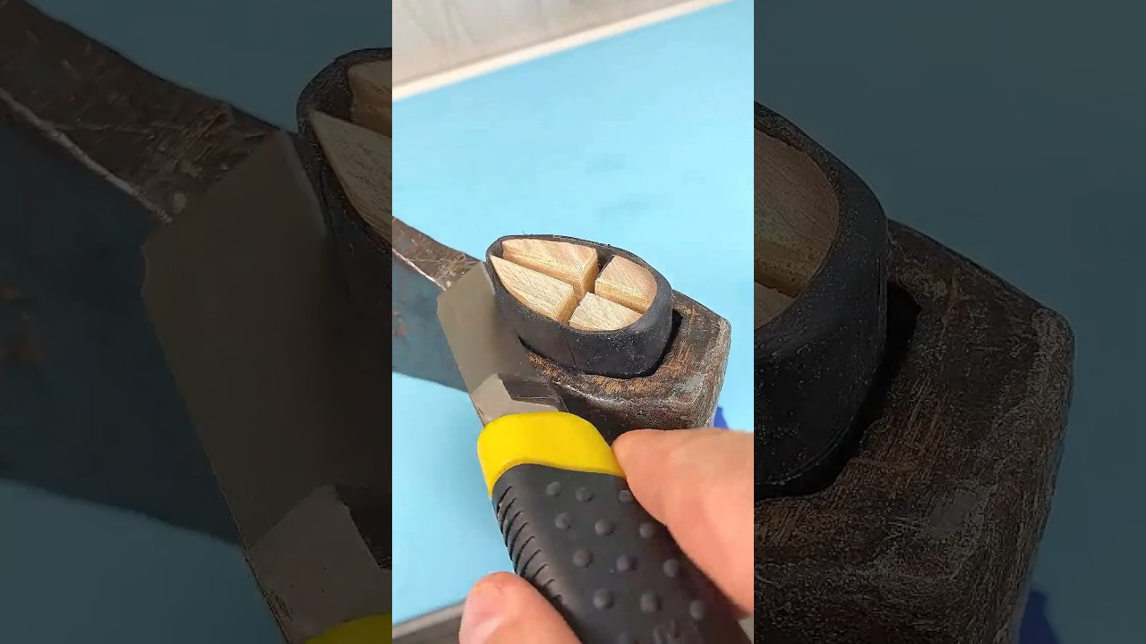 A unique way to install the axe handle in such a way that it never falls out. 
