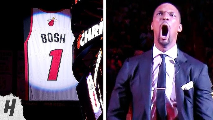 LeBron James congratulates Chris Bosh on Heat jersey retirement