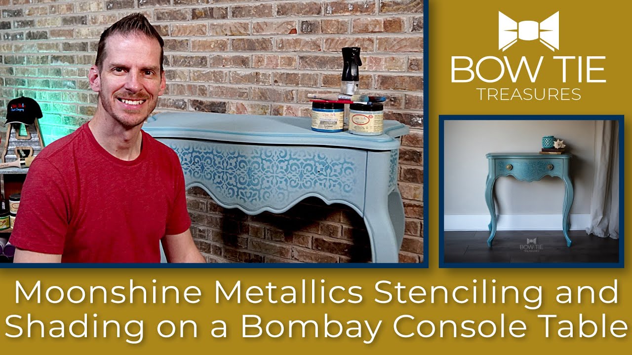 Stenciling and shading on a Bombay console table with Dixie Belle Moonshine Metallics
