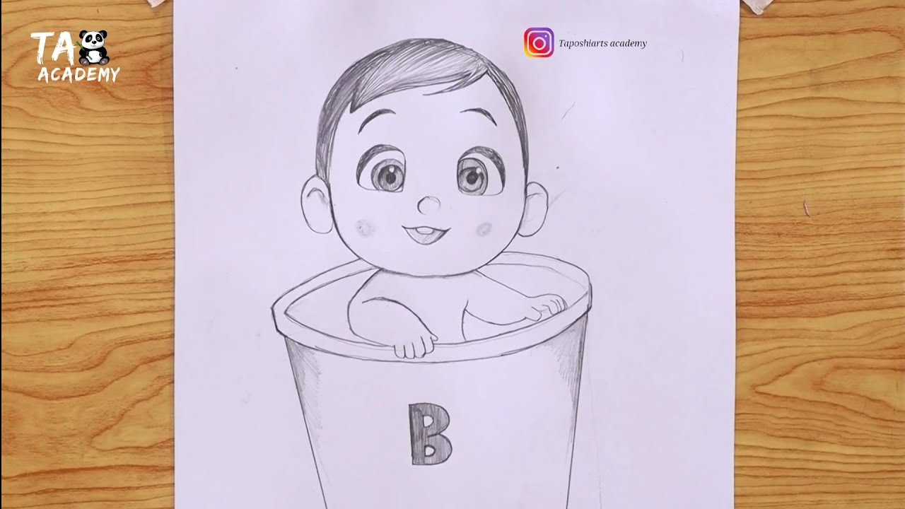 Cute baby sitting for bath pencil drawing