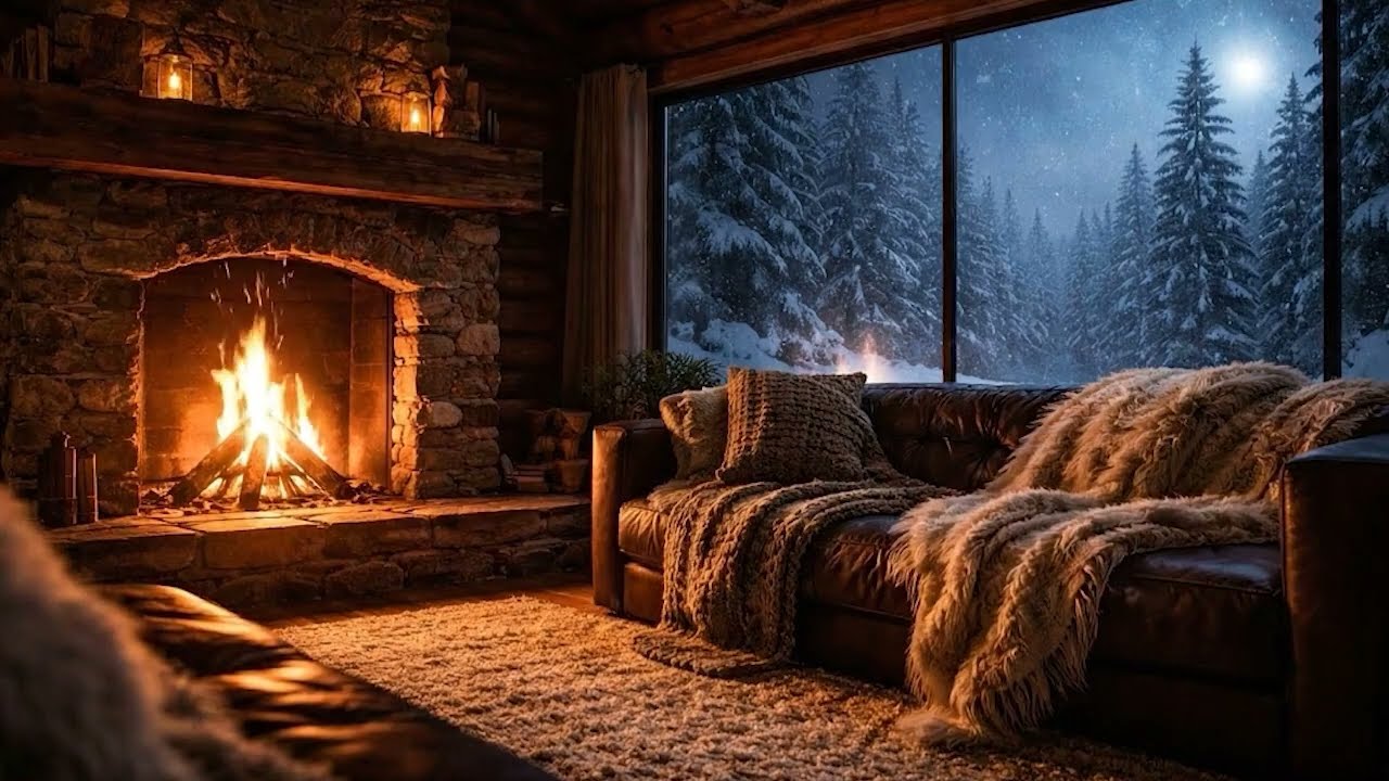 3 Hours Fireplace & Snowstorm Night ❄️🔥 | Ultra Realistic Cozy Cabin Ambience for Deep Sleep & Study
