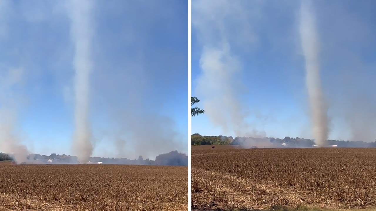 Fire in field creates massive swirling tornado