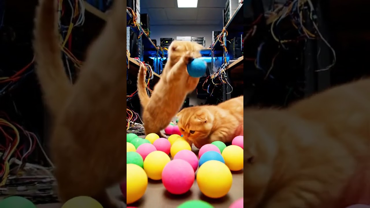 Chasing colorful balls, two playful cats barely notice tech chaos around them