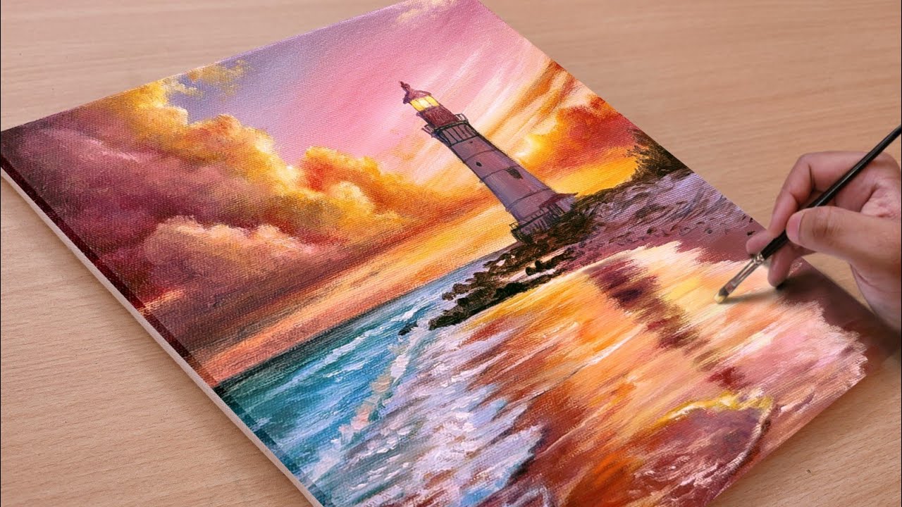 The Lighthouse and the Sea at Sunset ☀️/ Acrylic Painting for Beginners