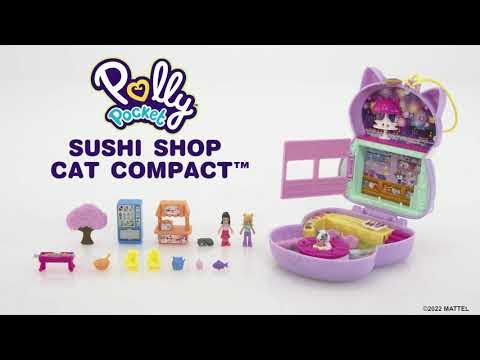 Polly Pocket Zen Cat Restaurant, Japanese Sushi Playset 2 Micro Dolls