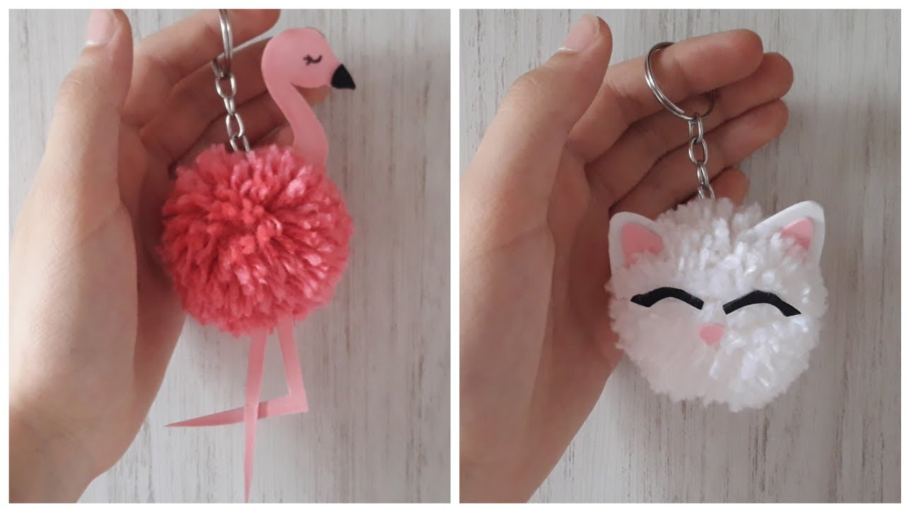 DIY: Chaveiros Bichinhos de pompom: Flamingo e Gatinho 😊.