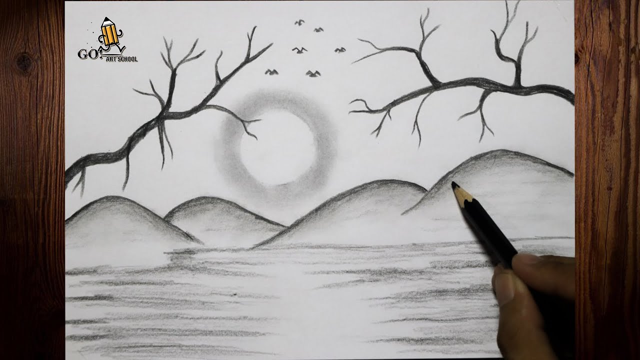 How to Draw a simple Landscape - Easy Pencil Drawing - YouTube