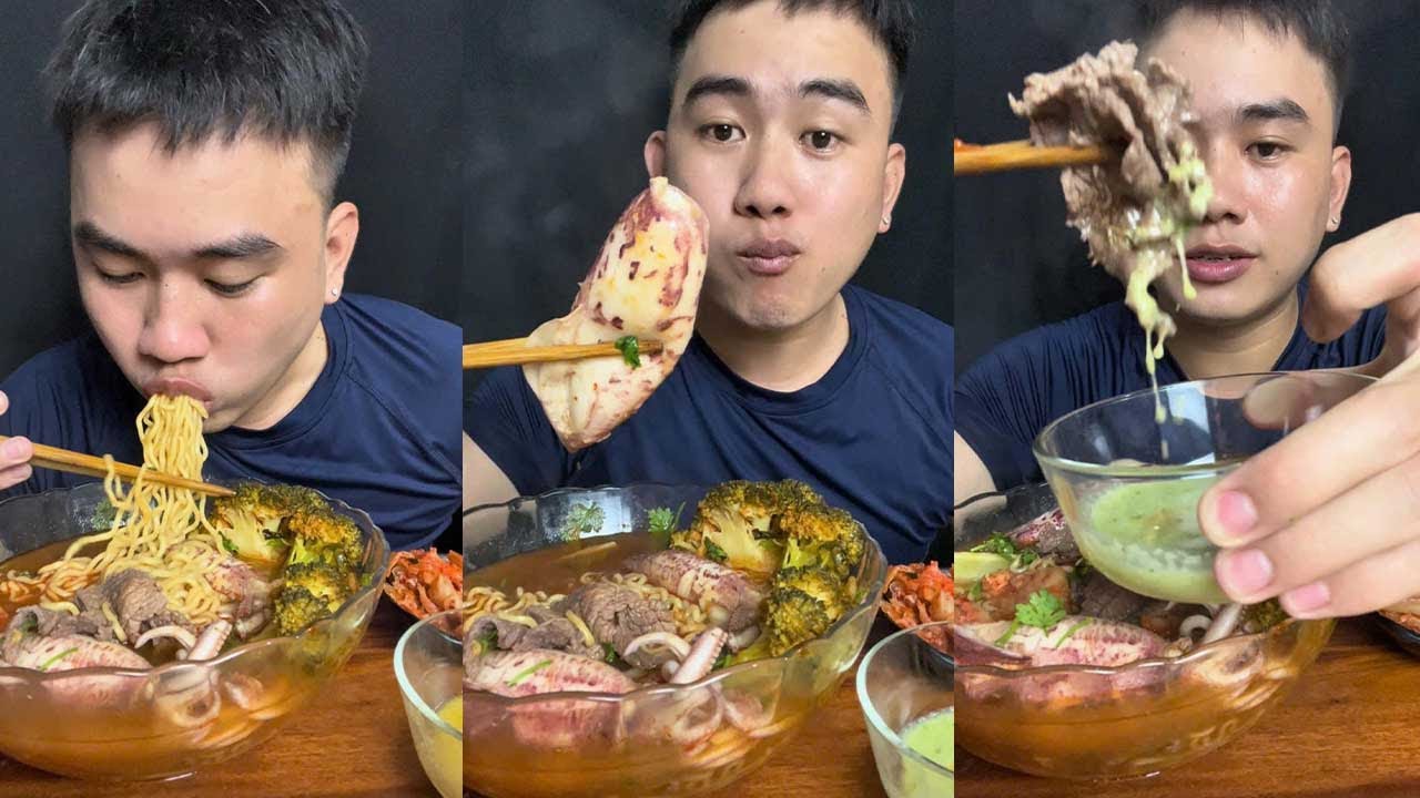 Mukbang Tô Mì Cay Mực, Thịt Bò Nóng Hổi Vừa Thổi Vừa Ăn, Ngon Xỉu! | Spicy Squid & Beef Noodle