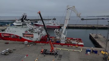 Offshore vessel getting loaded with pipes and footage from Dji Neo in Peterhead Harbour, Scotland 