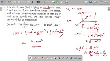 A body of mass (4m) is lying in x-y plane at rest. It suddenly explodes into three pieces.Two pieces