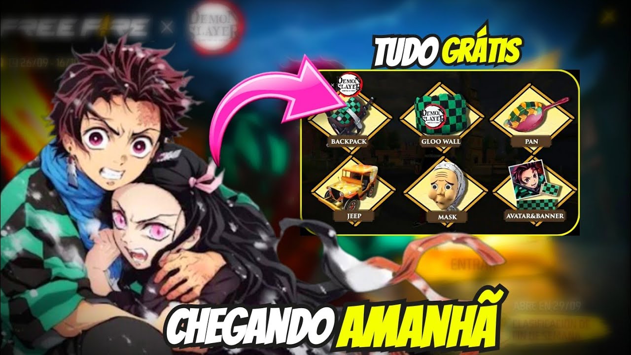 AMANHÃ EVENTO! PUNHO 2EM1, REDENÇÃO, TÊNIS ANGELICAL, BÔNUS 100%, DEMON  SLAYER - NOVIDADES FREE FIRE 