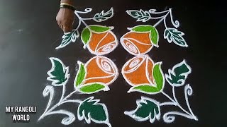 Beautiful Rose Flowers Rangoli Design With 6 Dots | 6x6 Dots Daily Kolangal | Gulabi Poola Muggulu