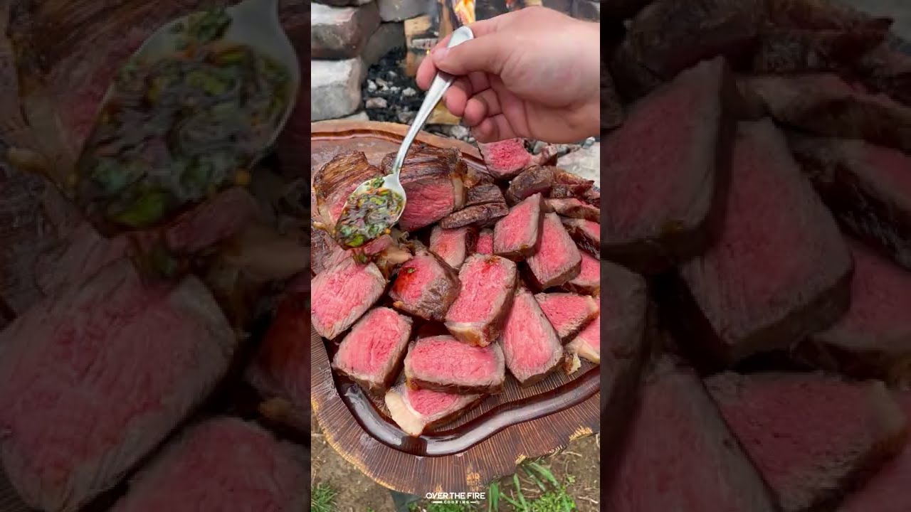 ⁣Grilled NY Strips with Garlic Chili Sauce Recipe | Over The Fire Cooking by Derek Wolf