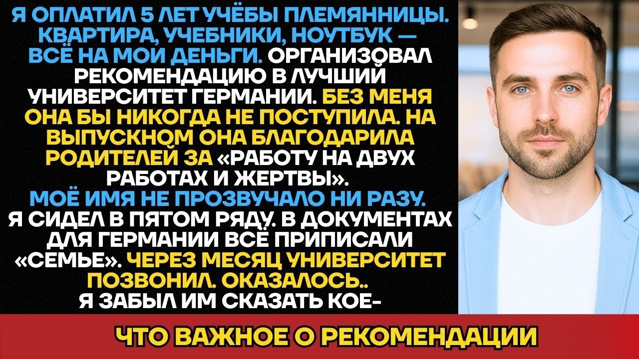 Я Оплатил 5 Лет Учёбы Племянницы, А На Выпускном Она Поблагодарила Родителей. Через Месяц Она...