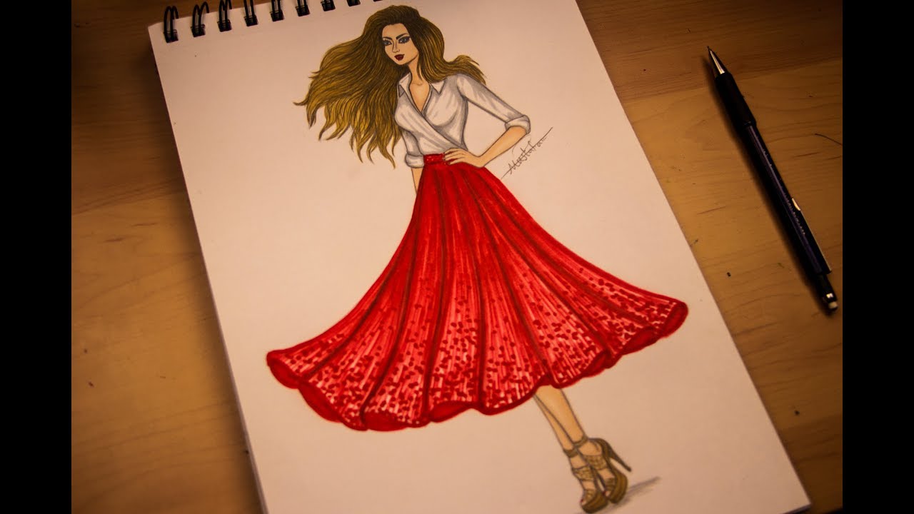 تعليم رسم الازياء - رسم بنت مع تنورة وقميص - how to draw girl with skirt  and shirt